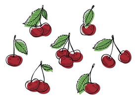 clipart de cereja vetorial. ícone de baga desenhada de mão. conjunto de ilustração de frutas vetor