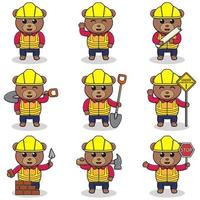 ilustração em vetor de personagem de urso no canteiro de obras. trabalhadores da construção civil em vários personagens de animais tools.cartoon no capacete trabalhando no vetor do local de construção.