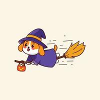 personagem de desenho animado de halloween bonito cão bruxa kawaii vetor