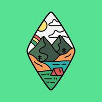 design de acampamento de montanha da natureza com céu de arco-íris para crachá, adesivo, remendo, design de camiseta, etc vetor