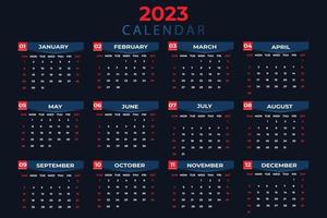calendário anual 2023 semana começa a partir de domingo em tons de vermelho, azul e preto vetor