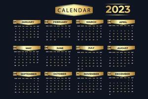 elegante calendário anual de cor dourada do ano 2023, semana começa a partir de domingo vetor