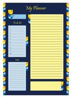 organizador de planejador semanal. meu plano, lista de tarefas e notas. ilustração vetorial. modelo vertical na cor amarelo-azul com padrão geométrico floral vetor