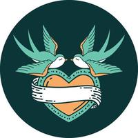 imagem icônica do estilo tatuagem de andorinhas e um coração com banner vetor