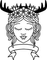 personagem de druida humano estilo trabalho de linha de tatuagem preto e branco com banner vetor