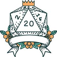 estilo de tatuagem retrô natural 20 acerto crítico d20 rolo de dados vetor