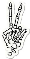 tatuagem de adesivo angustiado em estilo tradicional de um esqueleto dando um sinal de paz vetor