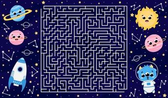 jogo de labirinto quadrado espacial com planetas fofos e sol, astronauta alienígena e nave espacial voadora em estilo cartoon para crianças vetor