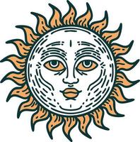 imagem de estilo de tatuagem icônica de um sol com rosto vetor