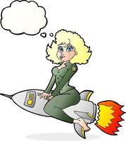 exército dos desenhos animados pin up girl montando míssil com balão de pensamento vetor