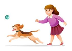 menina alegre brincando com sua ilustração de desenho animado de cachorro amado vetor