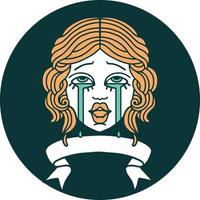 ícone de estilo de tatuagem com banner de um rosto feminino chorando muito feliz vetor