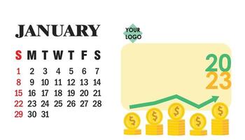 vetor de calendário de janeiro de 2023, com finanças, moedas de ouro e suporte de lembrete.