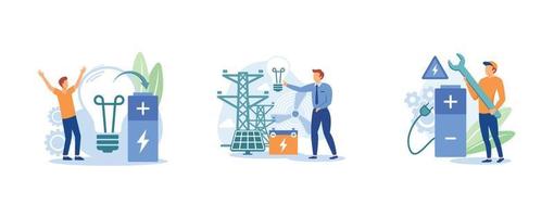 uso da bateria do acumulador. tecnologia de bateria inovadora, armazenamento de energia, dispositivo de energia segura, energia elétrica. definir ilustração moderna vetorial plana vetor