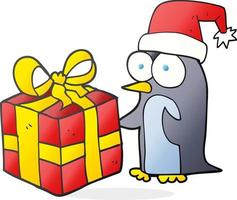 pinguim de natal de desenho animado desenhado à mão livre com presente vetor