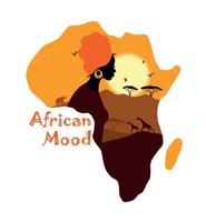 paisagem tropical no mapa africano com linda mulher africana no turbante. cartão de savana africana com pôr do sol. vetor