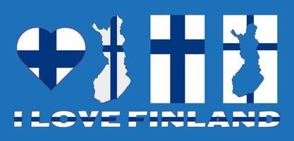 conjunto de ilustrações vetoriais com bandeira da Finlândia, mapa de contorno do país e coração. conceito de viagem. vetor