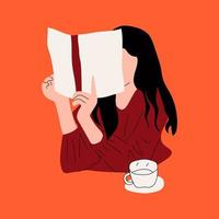 garota lê um livro em um café. leia mais o conceito de livros. mão desenhada ilustração na moda vetorial. vetor