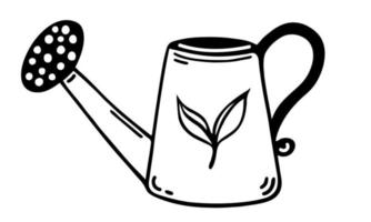 ícone de vetor de regador. lata com alça, gravada com folhas. ilustração desenhada à mão isolada no branco. ferramenta de jardim para cuidar de plantas. contorno preto, doodle simples. clipart para logotipo, web, aplicativos, impressão