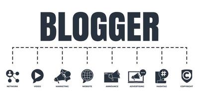 blogueiro, conjunto de ícones da web de banner de blog. hashtag, vídeo, direitos autorais, anunciar, site, marketing, rede, conceito de ilustração vetorial de publicidade. vetor