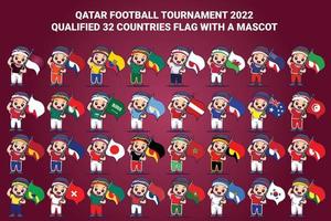 Campeonato de futebol do Catar 2022 bandeira de países qualificados com mascote vetor
