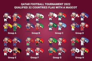 Campeonato de futebol do Catar 2022 bandeira de países qualificados com mascote
