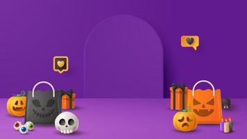 fundo de decoração de pódio de exibição de halloween com ornamento assustador. ilustração vetorial 3d vetor