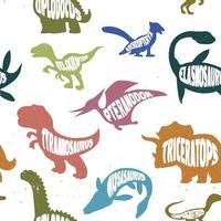 sem costura padrão com silhuetas coloridas de dinossauros com letras. ilustração vetorial. vetor