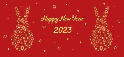 cartão de felicitações de ano novo 2023 com silhueta de coelho. flocos de neve e estrelas lebre forma fundo de doodle desenhado à mão. modelo de banner de inverno para web e impressão vetor