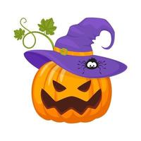 abóboras de halloween com chapéu de bruxa com aranha. abóbora assustadora com sorriso. ilustração vetorial isolada no fundo branco. conceito de halloween e outono. vetor
