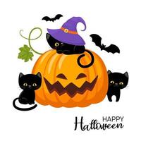 abóboras de halloween com gatos pretos. abóbora assustadora com sorriso. ilustração vetorial isolada no fundo branco. conceito de halloween e outono. vetor