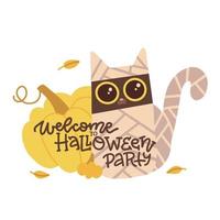 bem-vindo ao banner da festa de halloween. múmia gato sentado com abóboras cartoon mão plana dtawn ilustração vetorial. vetor