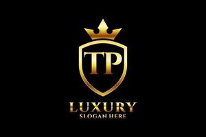 logotipo de monograma de luxo elegante inicial tp ou modelo de crachá com pergaminhos e coroa real - perfeito para projetos de marca luxuosos vetor