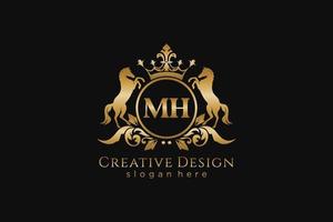 crista dourada retrô inicial mh com círculo e dois cavalos, modelo de crachá com pergaminhos e coroa real - perfeito para projetos de marca luxuosos vetor