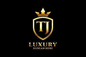 logotipo de monograma de luxo elegante inicial tj ou modelo de crachá com pergaminhos e coroa real - perfeito para projetos de marca luxuosos vetor