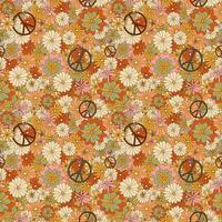 sem costura padrão groovy floral. vectorn sem costura com flores laranja e rosa com sinal de paz para impressão de tecido ou papel. vetor