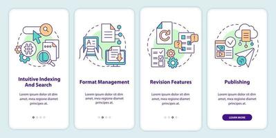 cms apresenta tela de aplicativo móvel integrada. indexação intuitiva, pesquisa passo a passo instruções gráficas editáveis em 4 etapas com conceitos lineares. ui, ux, modelo de gui. vetor