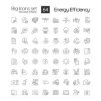 conjunto de ícones lineares de eficiência energética. conservação de energia. sustentabilidade. símbolos de linha fina personalizáveis. ilustrações de contorno de vetor isolado. traço editável.