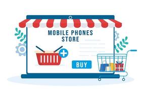 modelo de loja de celular ilustração plana de desenhos animados desenhados à mão com modelos de telefones, tablets, varejo de gadgets, outros dispositivos e acessórios vetor