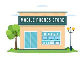 modelo de loja de celular ilustração plana de desenhos animados desenhados à mão com modelos de telefones, tablets, varejo de gadgets, outros dispositivos e acessórios vetor