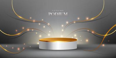 pódio de pedestal de cilindro de cor branca e dourada realista com elementos de fita dourada e fundo de luxo de efeito de luz glitter vetor
