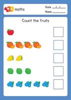 conte a fruta e escreva-a no quadrado em branco na folha de exercícios de matemática kawaii doodle vector cartoon