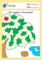 coloque a maçã na folha de exercícios de jogo de labirinto de cesta kawaii doodle vector cartoon