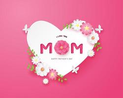 cartaz do dia das mães com papel arte coração e flores vetor