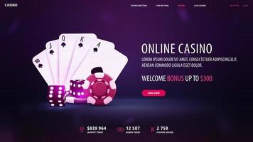cassino online, banner de convite roxo para site com bônus de boas-vindas, botão, cartas de baralho de cassino, dados e fichas de pôquer vetor