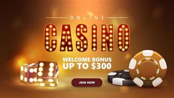 cassino online, banner com dados de cassino 3d dourados e fichas de pôquer em cena de ouro com fundo desfocado vetor
