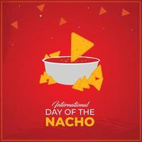 dia internacional do nacho. 21 de outubro. chips de milho nachos mexicanos com ícone de molho de salsa vermelha. modelo para plano de fundo, banner, cartão, pôster. ilustração vetorial. vetor