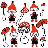 coleção de clipart de gnomos bonitos e cogumelos agáricos. vetor