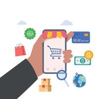mão segurando o celular com ilustração do conceito de aplicativo de compras online. vetor