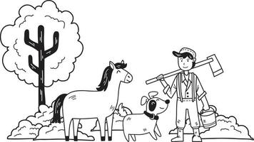 agricultor masculino desenhado à mão na fazenda com ilustração de cavalo e cachorro vetor